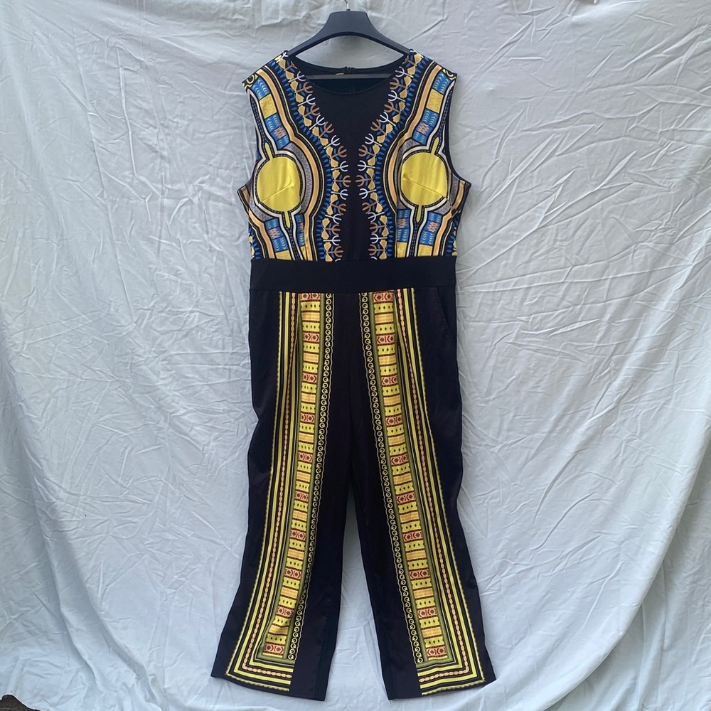 Sleeveless Black Jumpsuit with Yellow & Blue Tribal Print